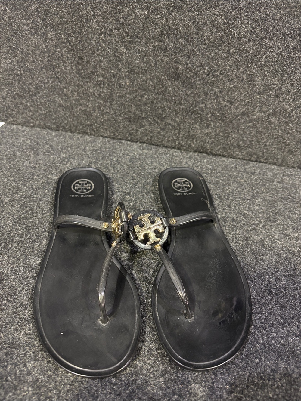 Tory Burch Black Logo Medallion Flat Sandals with Gold Accent